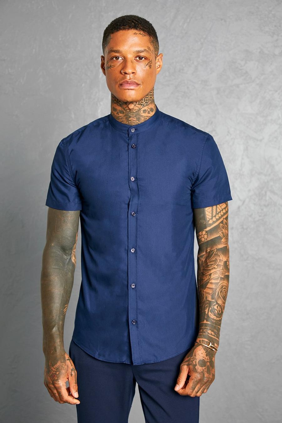 Navy marineblau Slim Fit Grandad Collar Short Sleeve Shirt image number 1
