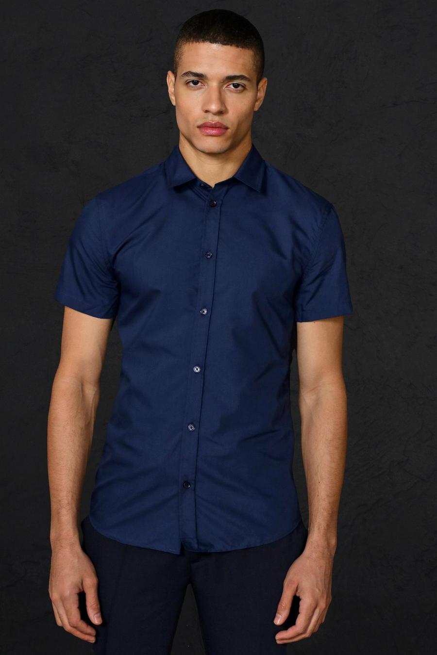 Kurzärmliges Slim-Fit Hemd mit Grandad-Kragen, Navy image number 1