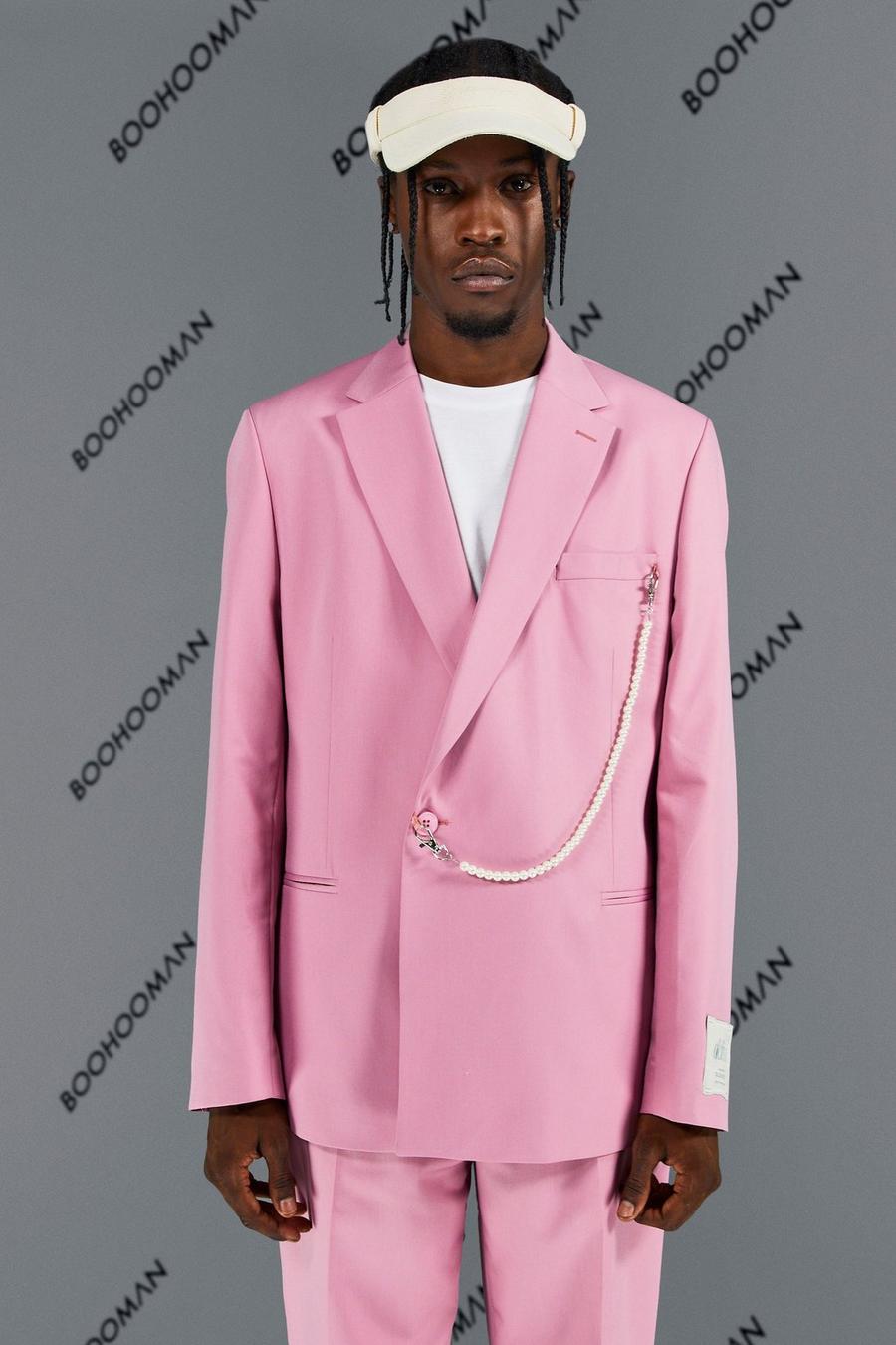 Pink Relaxed Fit Suit Jacket With Chain image number 1