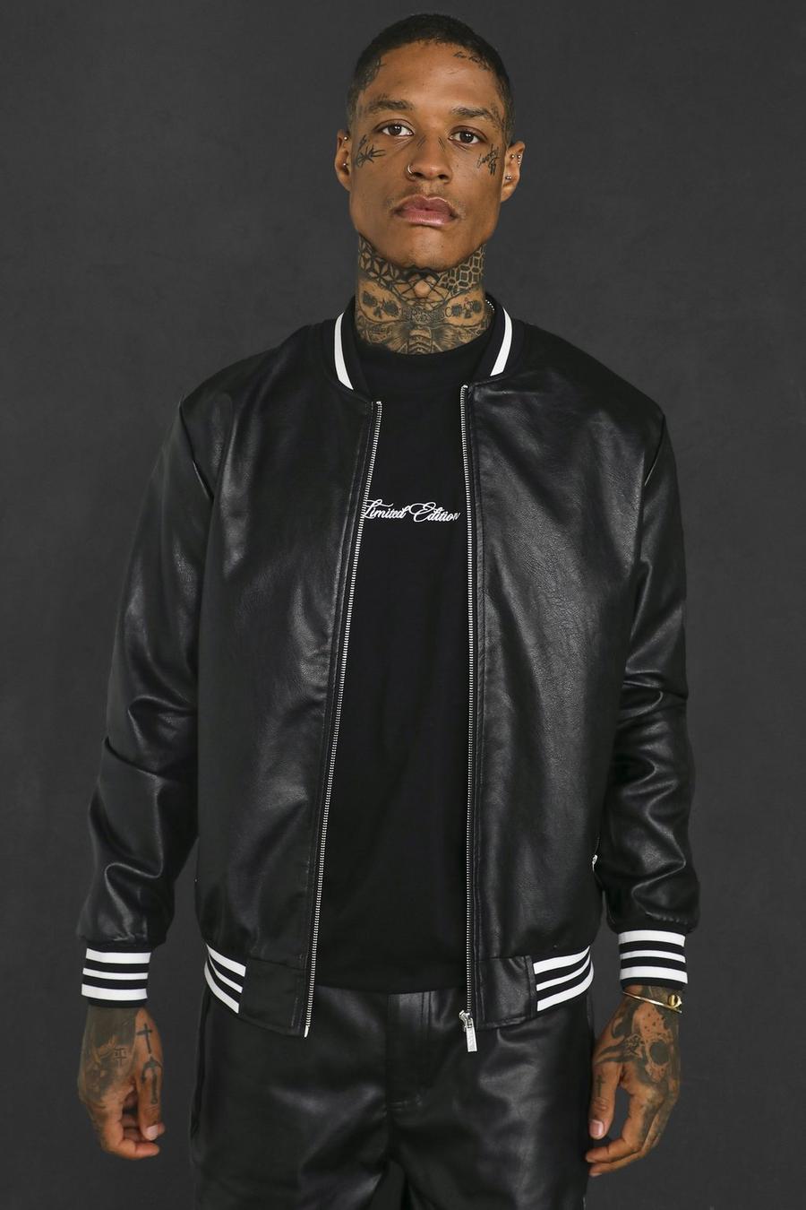 Black Leather Look Bomber With Sports Rib image number 1