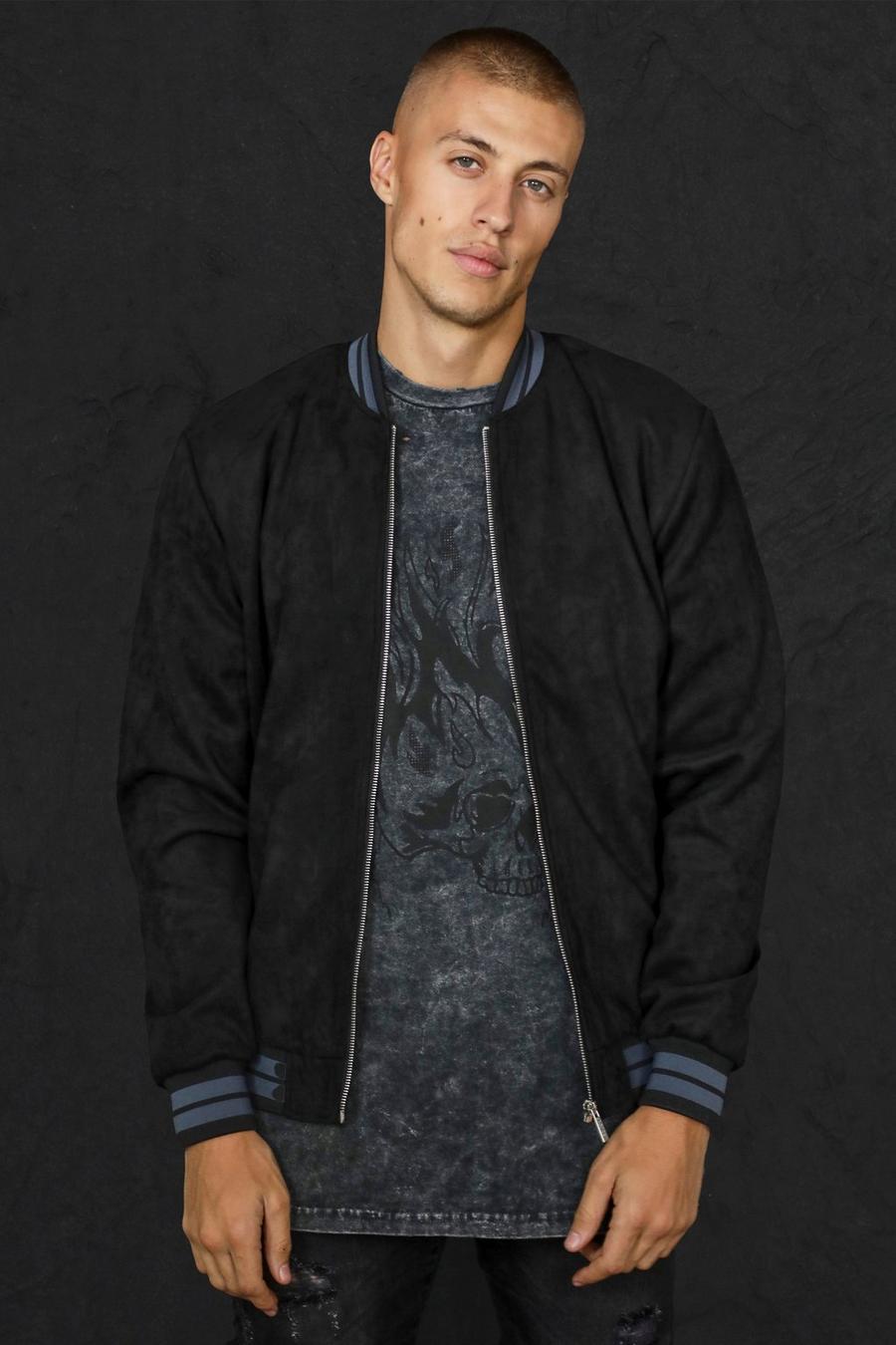 Black Suede Bomber With Sport Rib image number 1