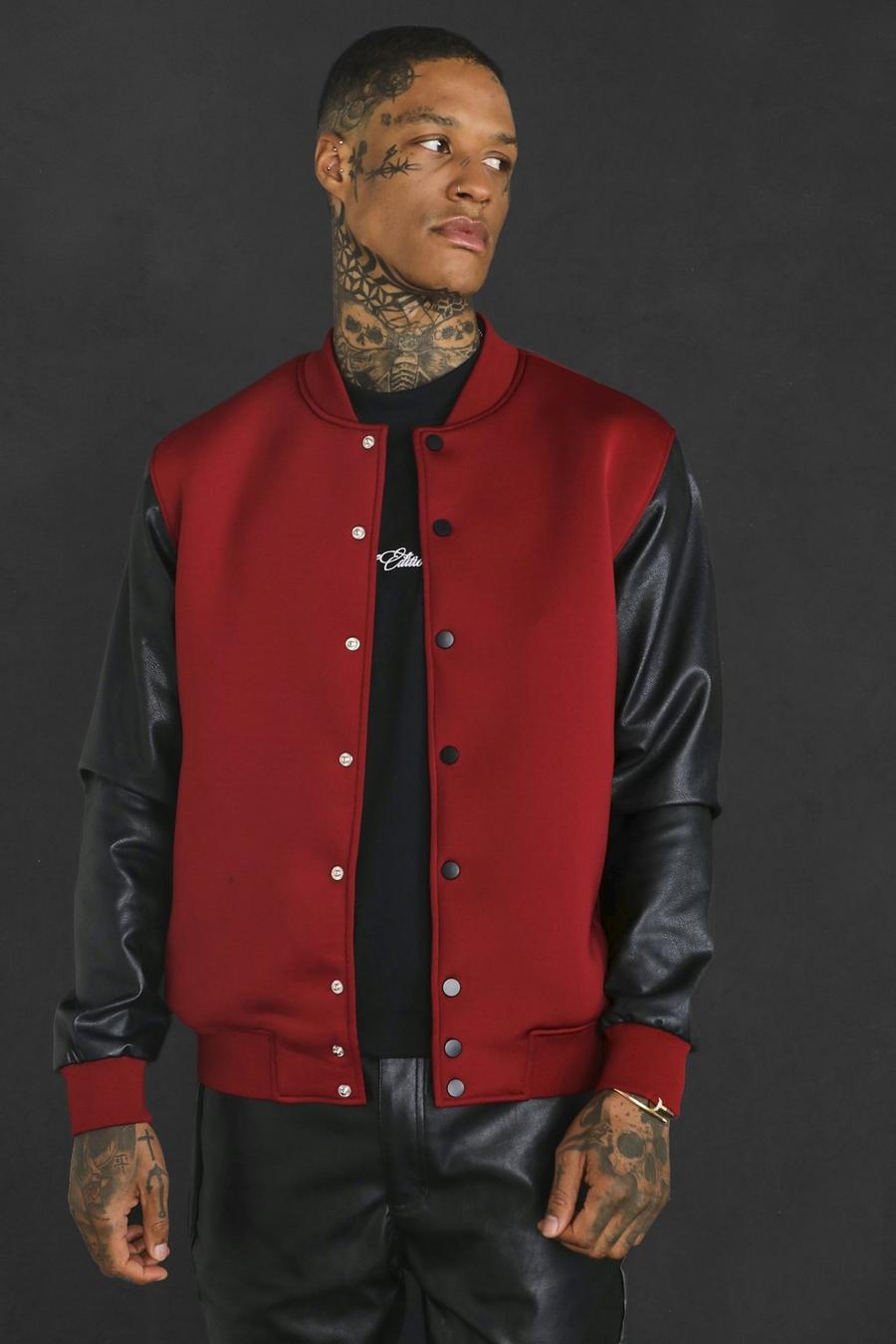 Burgundy rot Neoprene Bomber With Leather Look Sleeves image number 1