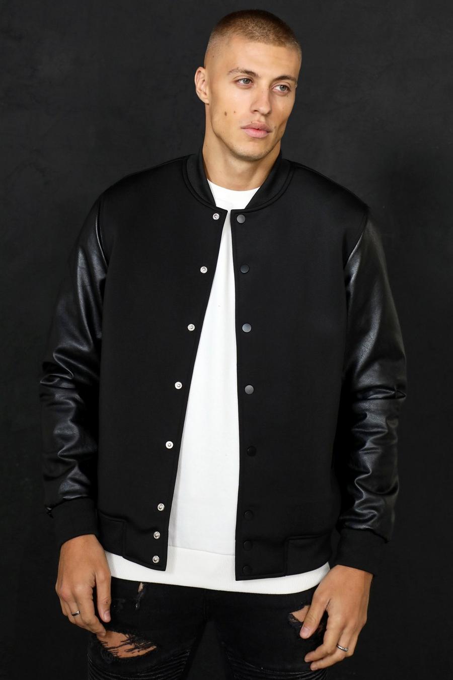 Black Neoprene Bomber With Leather Look Sleeves image number 1
