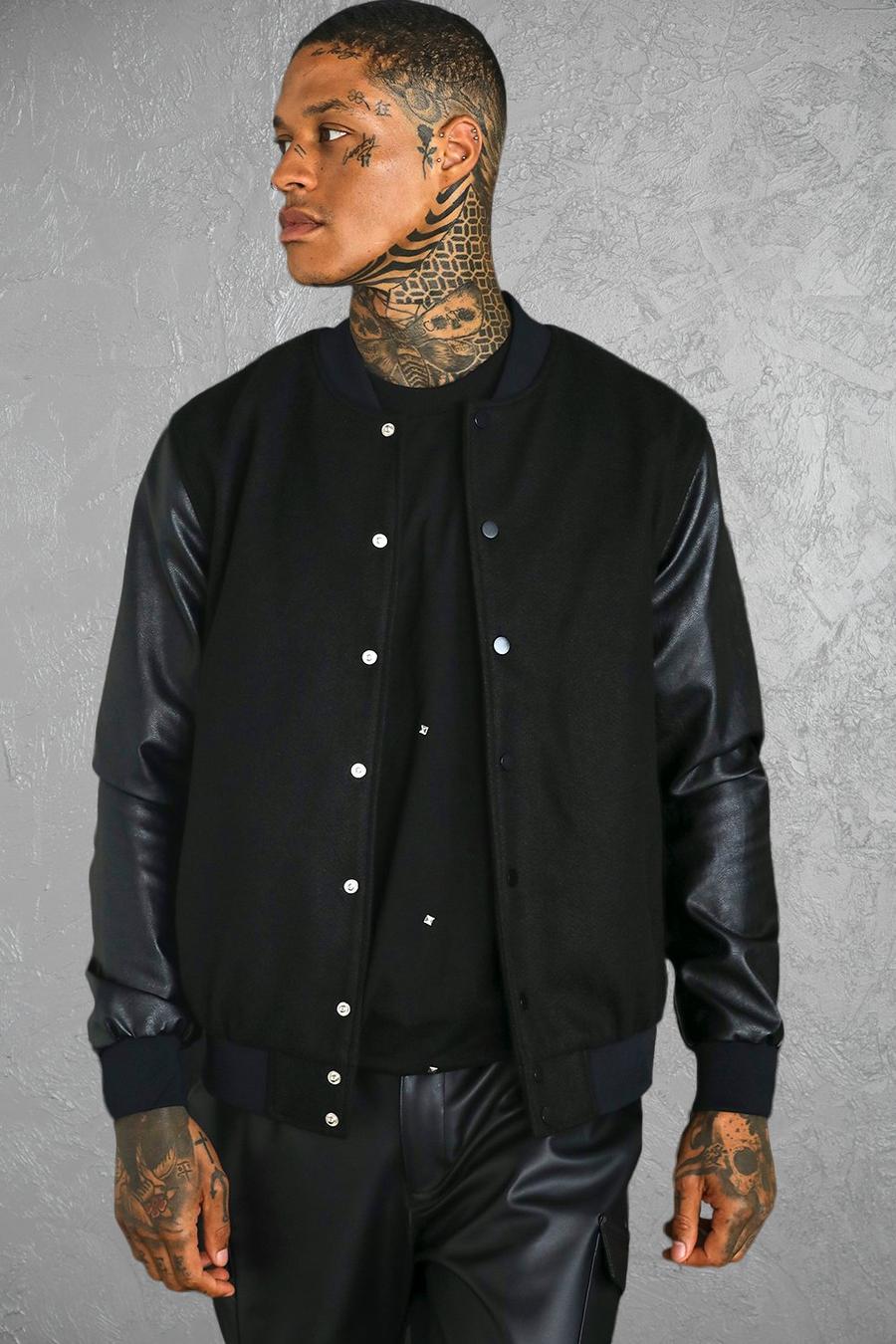 Black svart Melton Bomber With Leather Look Sleeves image number 1