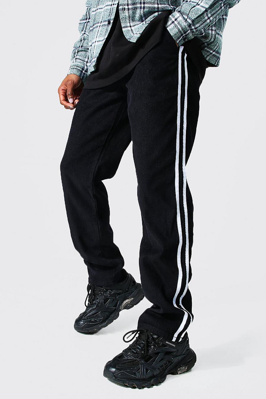 Pantaloni in velluto a coste con striscia laterale, taglio rilassato, Black nero image number 1