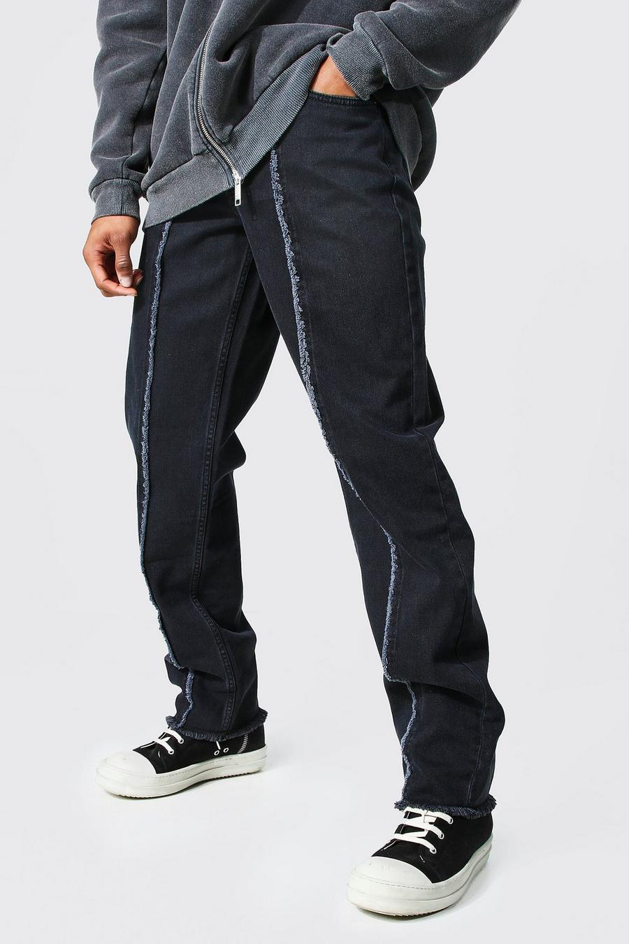 שחור דהוי ג'ינס בגזרה משוחררת עם עיטור תפרים image number 1