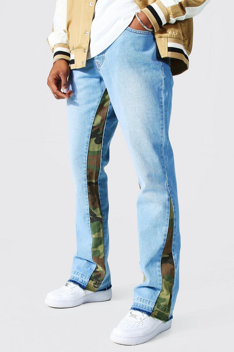 כחול בהיר ג'ינס בגזרה צרה עם פאנל בצבעי הסוואה image number 1