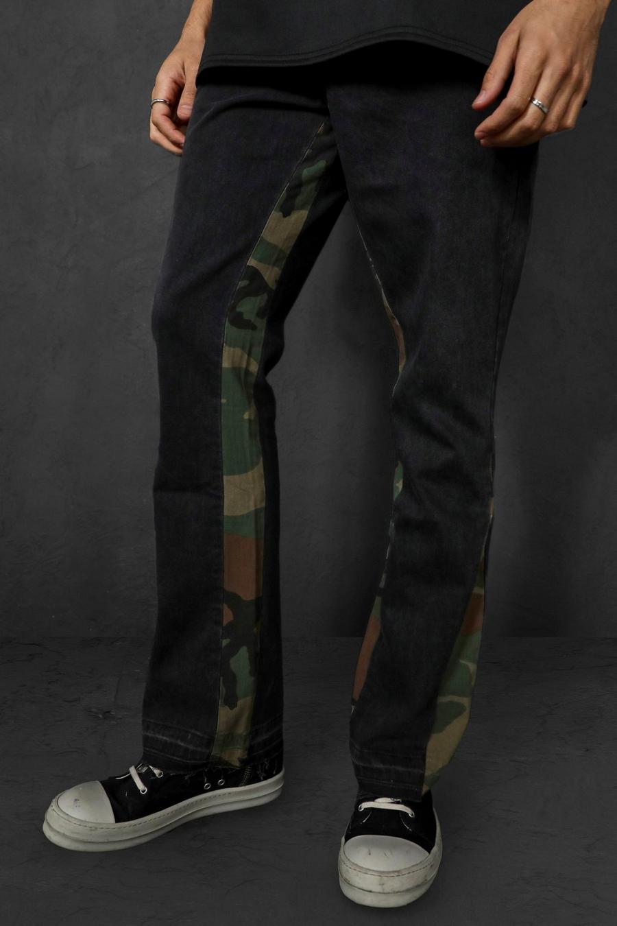 Washed black Jeans i slim fit med kamouflagemönstrade paneler image number 1