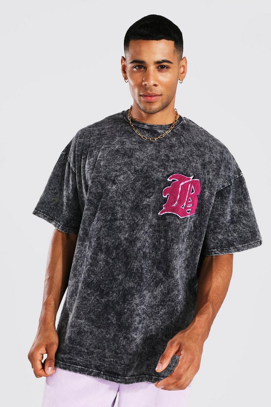 Camiseta oversize universitaria con lavado de ácido y emblema, Charcoal grigio image number 1