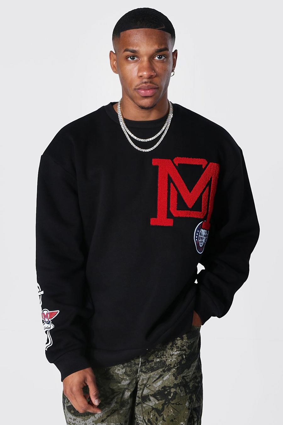 Black Oversized M Badge Varsity Sweatshirt image number 1