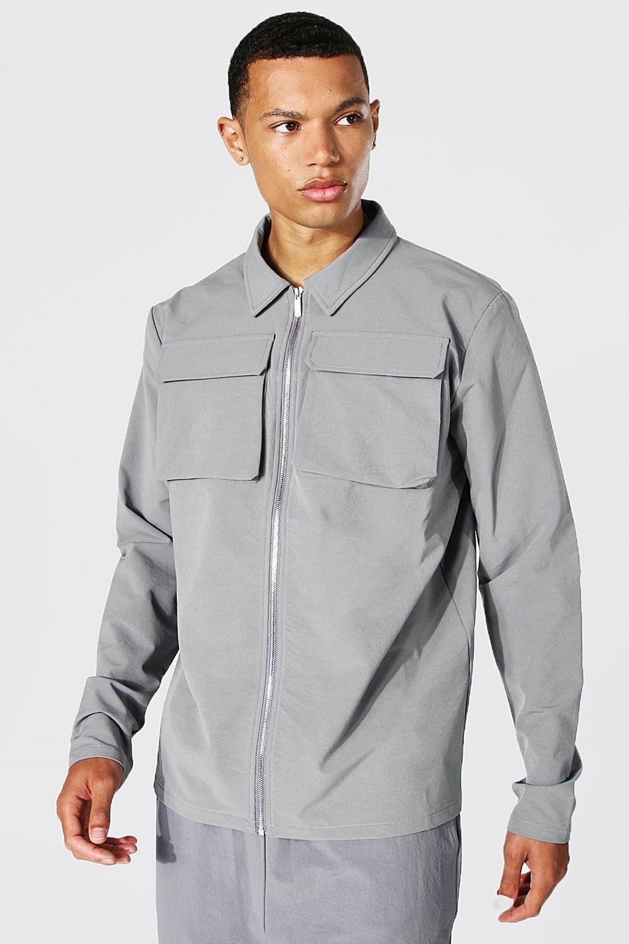 Grey gris Tall Getailleerd Utility Harrington Overhemd image number 1