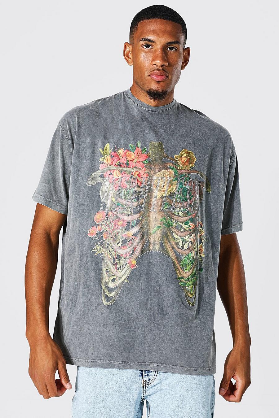 Tall Oversize T-Shirt mit Skelett-Print, Charcoal grau image number 1