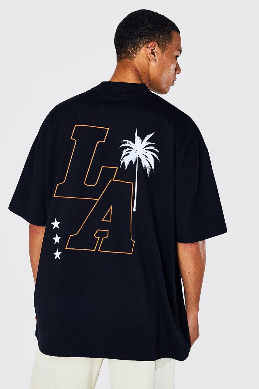 Camiseta Tall oversize con cuello extendido y estampado de LA, Black nero image number 1
