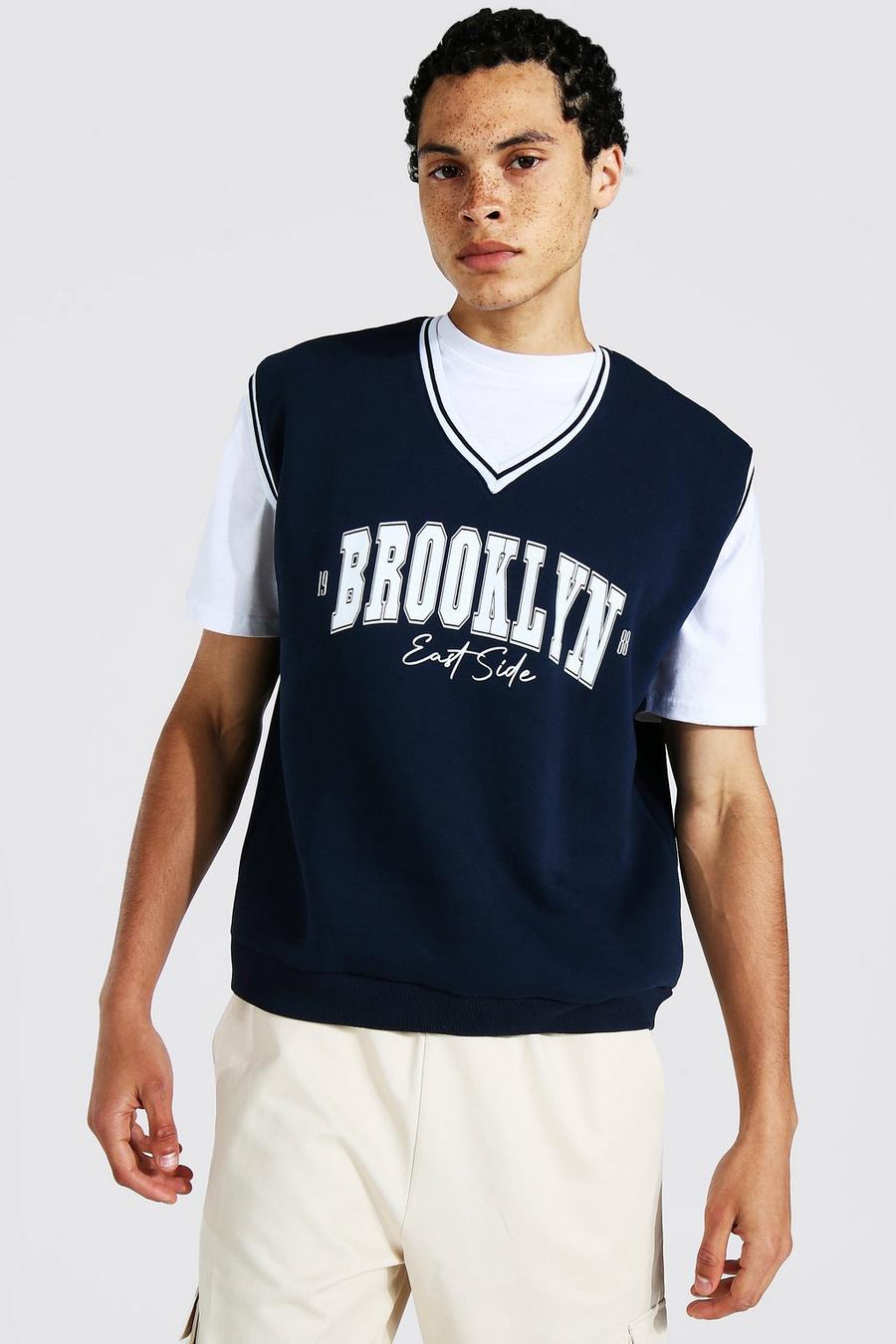 Camiseta sin mangas Tall universitaria de tela jersey Brooklyn, Navy blu oltremare image number 1