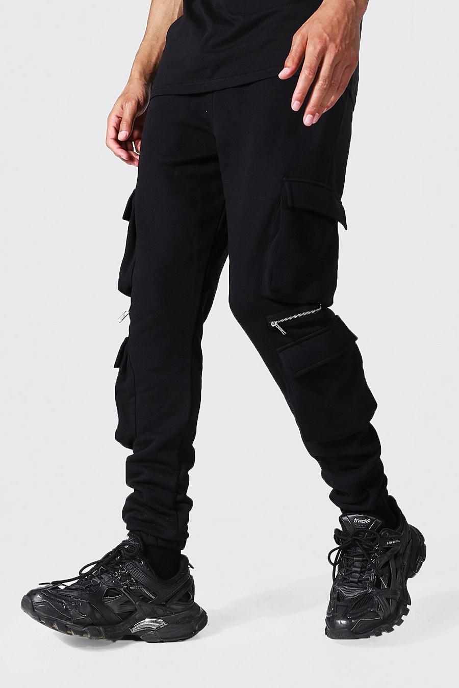 שחור מכנסי ריצה קרגו מבד ג'רסי עם רוכסן לגברים גבוהים image number 1