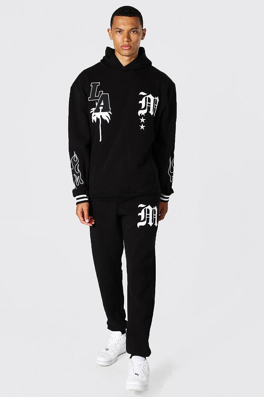שחור חליפת טרנינג קפוצ׳ון נבחרת ספורט עם הדפס LA לגברים גבוהים image number 1