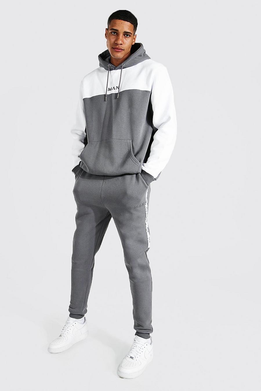 Slate grey Tall - MAN Tvåfärgad träningsoverall med kantband image number 1