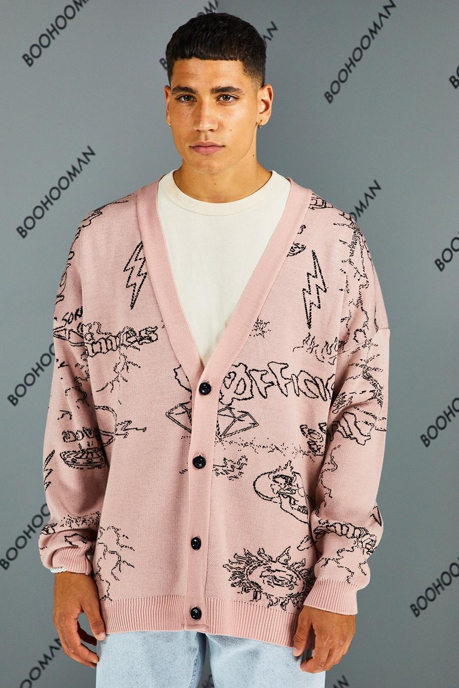 Pink Oversized Graffiti Knitted Cardigan image number 1