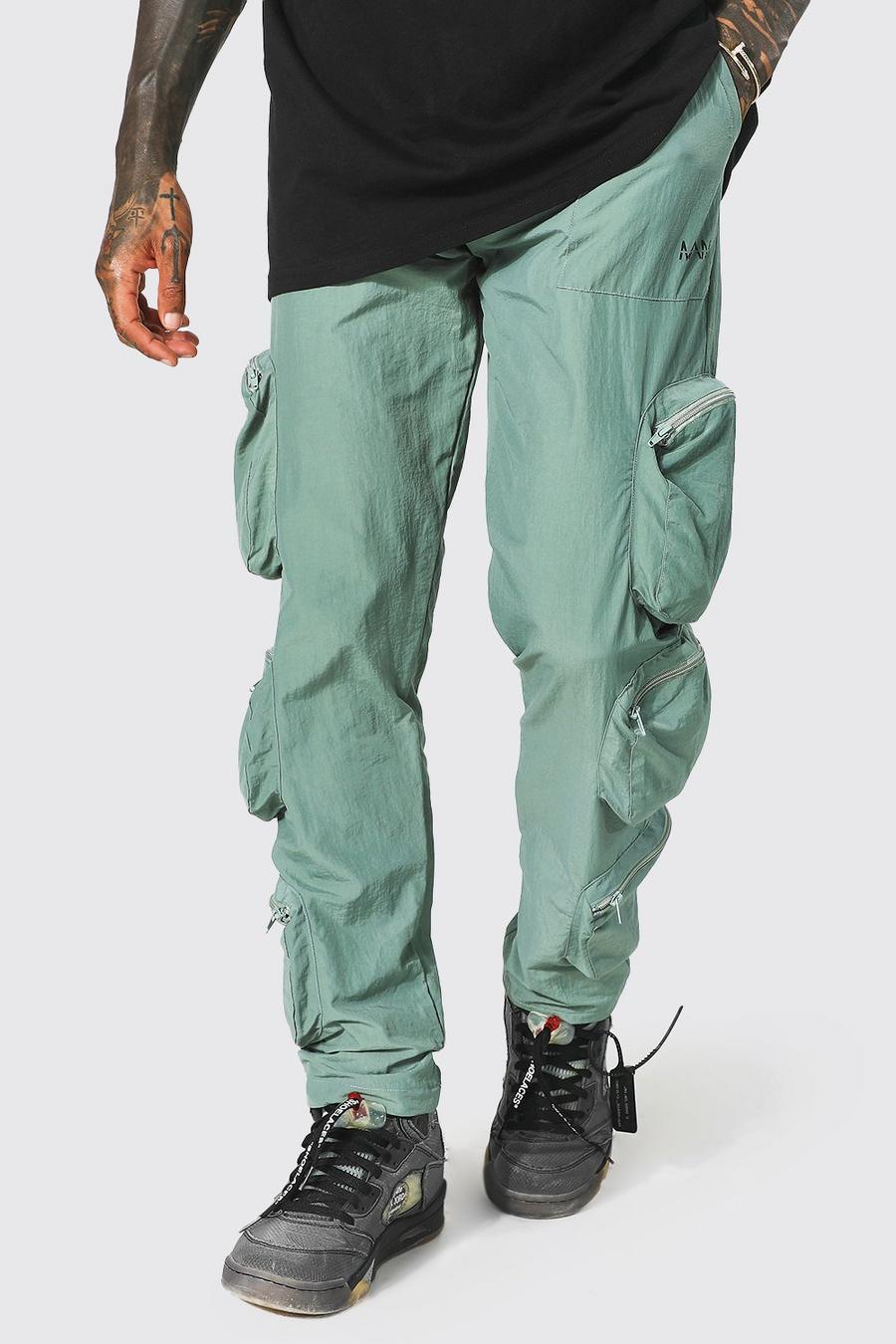 Khaki Man Crinkle Shell Multipocket Cargo Trousers image number 1