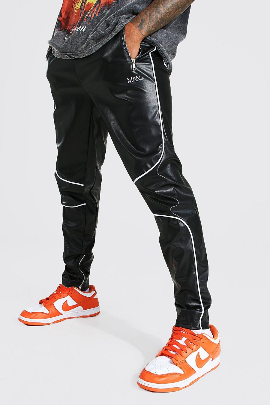 Black Man Slim Pu Trousers With Piping And Zip Hem image number 1