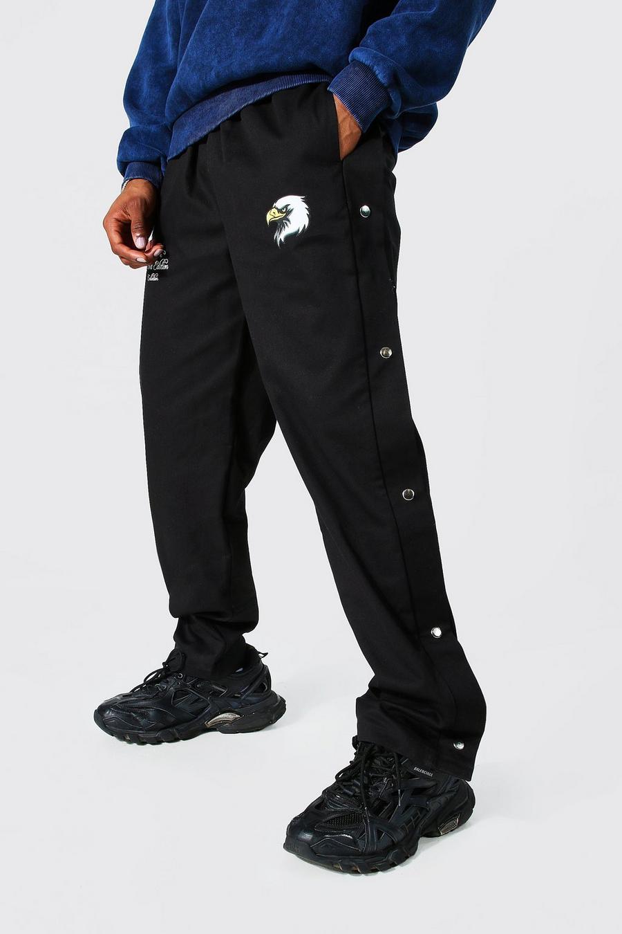 Pantalón de sarga de pernera recta universitaria con botones a presión, Black image number 1