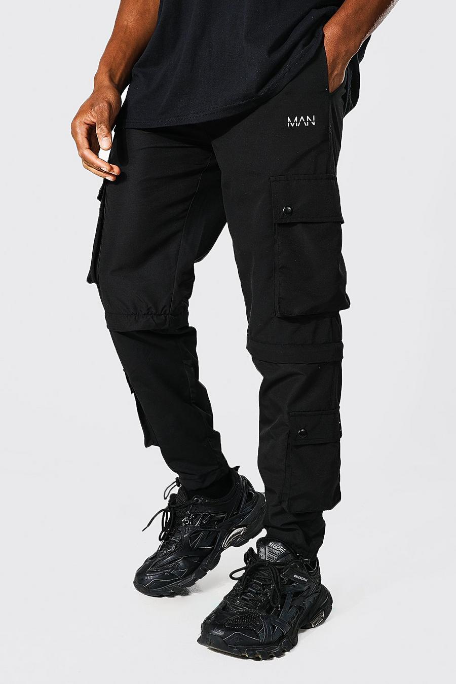 שחור מכנסי דגמ"ח מרובי כיסים עם רוכסן וכיתוב Man image number 1