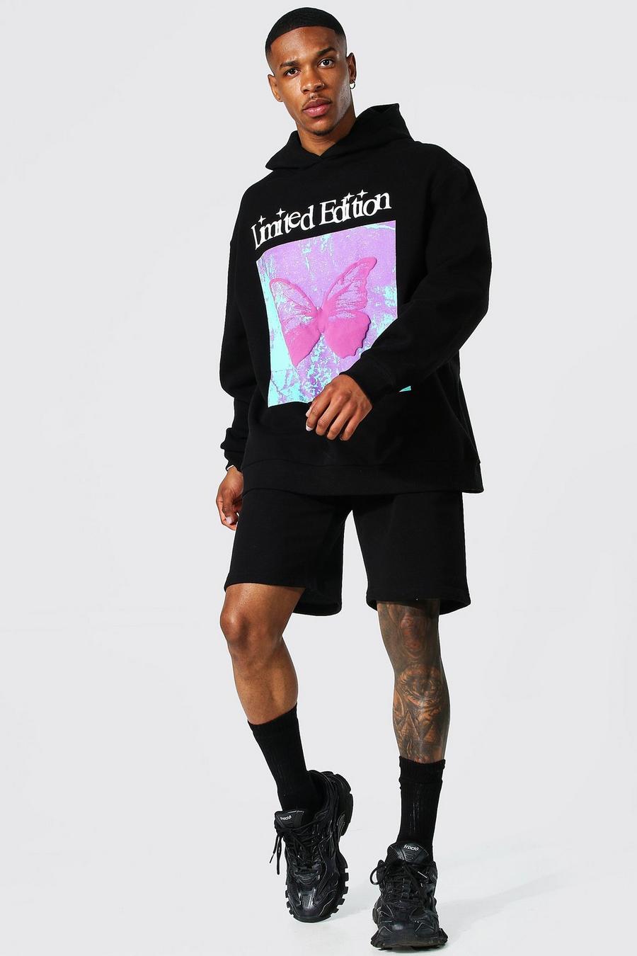 Black Oversize hoodie och shorts med fjärilar image number 1