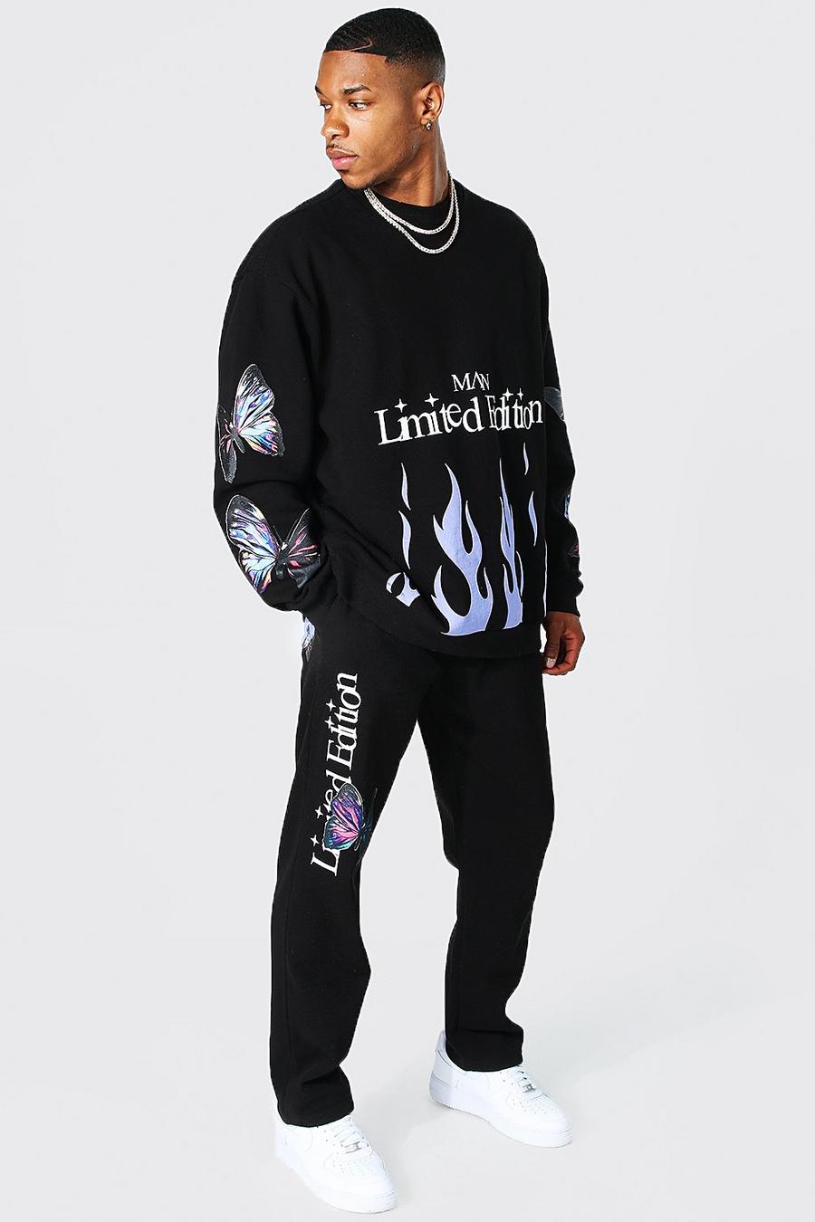שחור חליפת טרנינג סווטשירט אוברסייז עם הדפס להבות וכיתוב Man image number 1