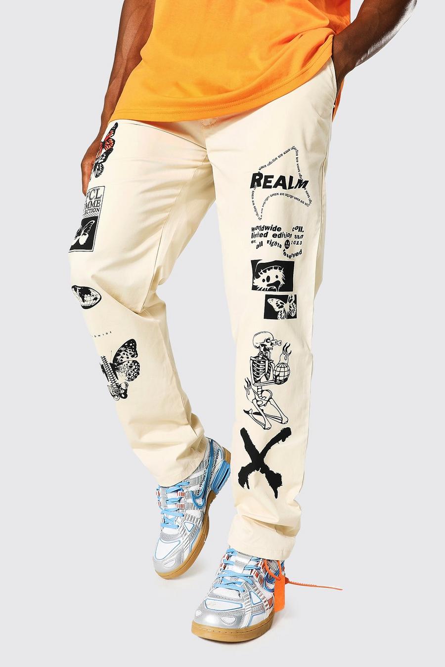 Pantalón chino holgado con estampado gráfico, Stone beis image number 1