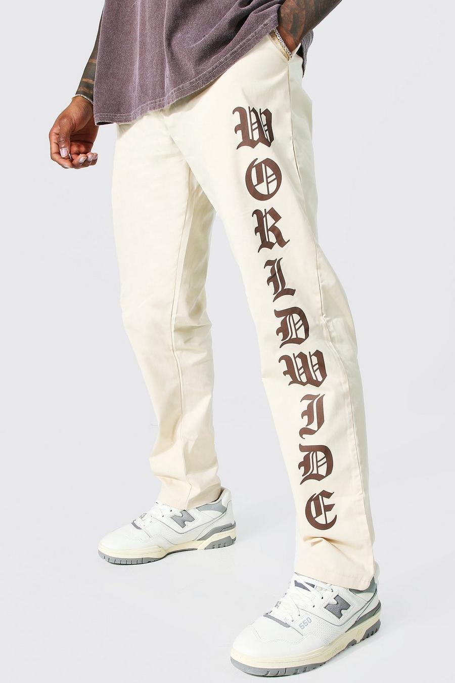 Pantalón chino de pernera recta con estampado Worldwide, Stone beige image number 1