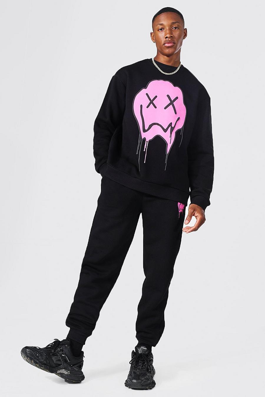 Lockerer Sweatshirt-Trainingsanzug mit Drip Face Print, Black noir image number 1