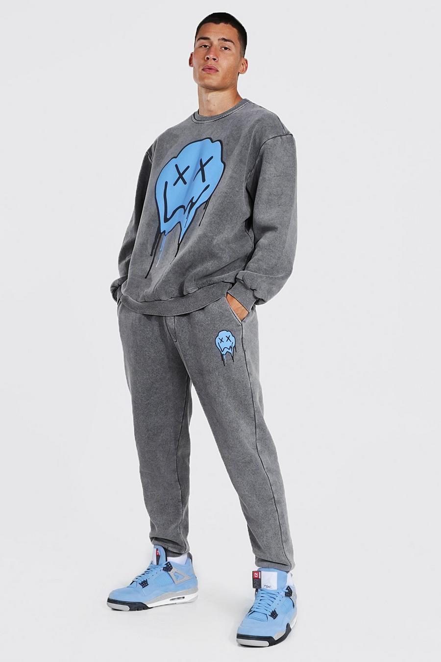 Charcoal Loose Acid Wash Drip Face Sweater Tracksuit image number 1