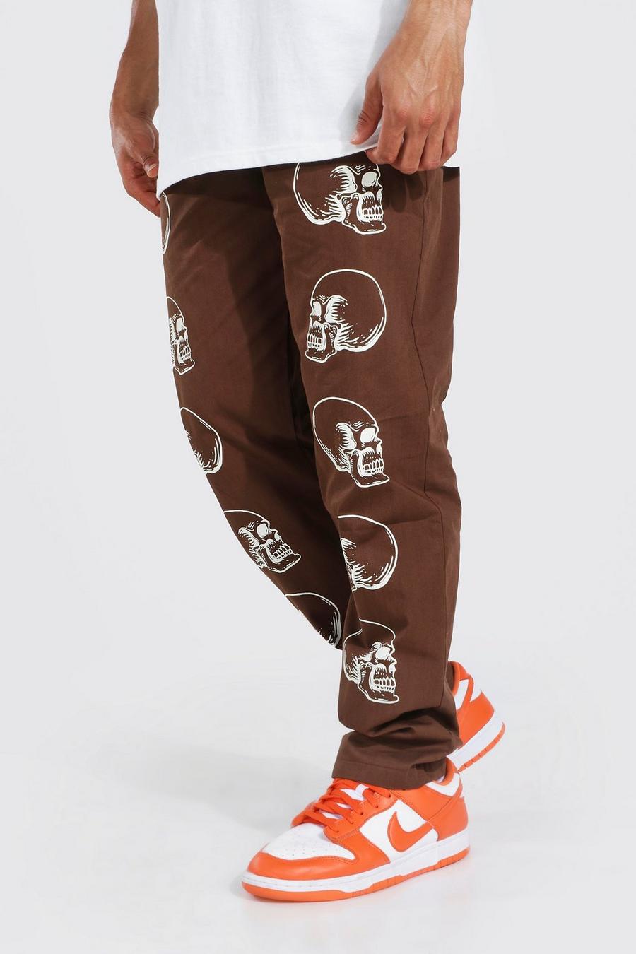Chocolate marron Fixed Waist Relaxed Skull Print Chino Trouser image number 1