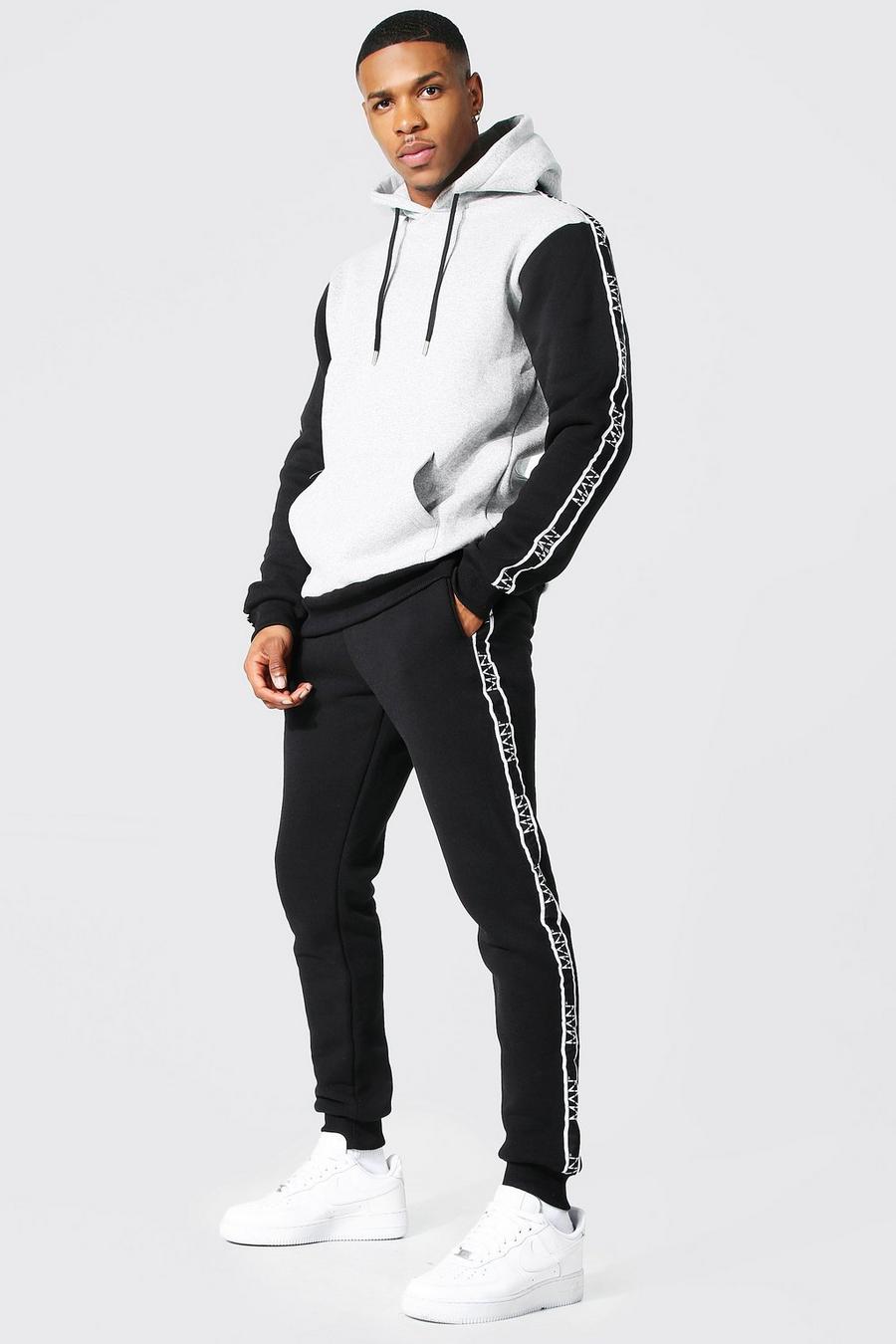 Black svart Colour Block Hooded Tracksuit With Man Tape image number 1