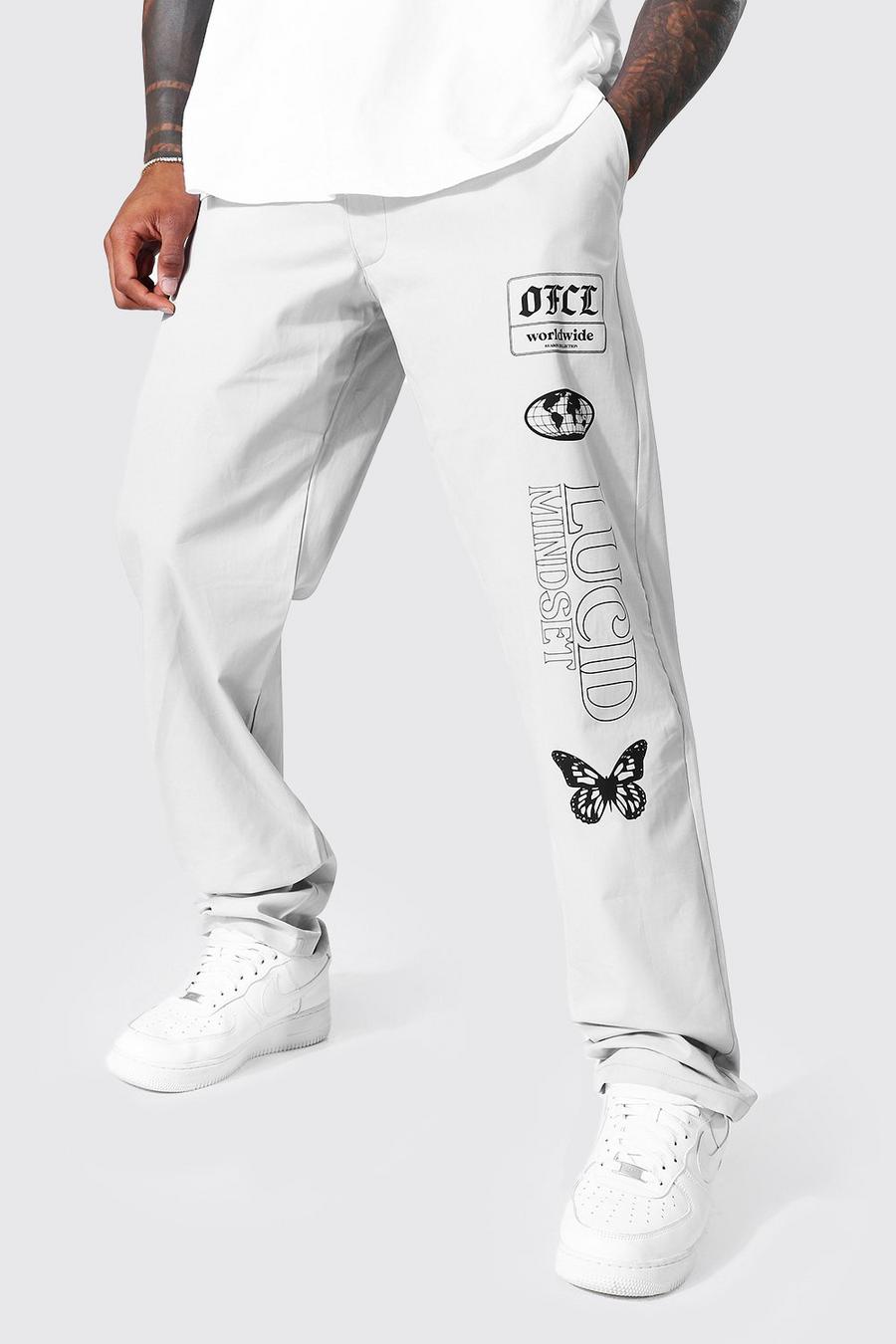 Pantalón chino de pernera recta con estampado gráfico, Grey gris image number 1