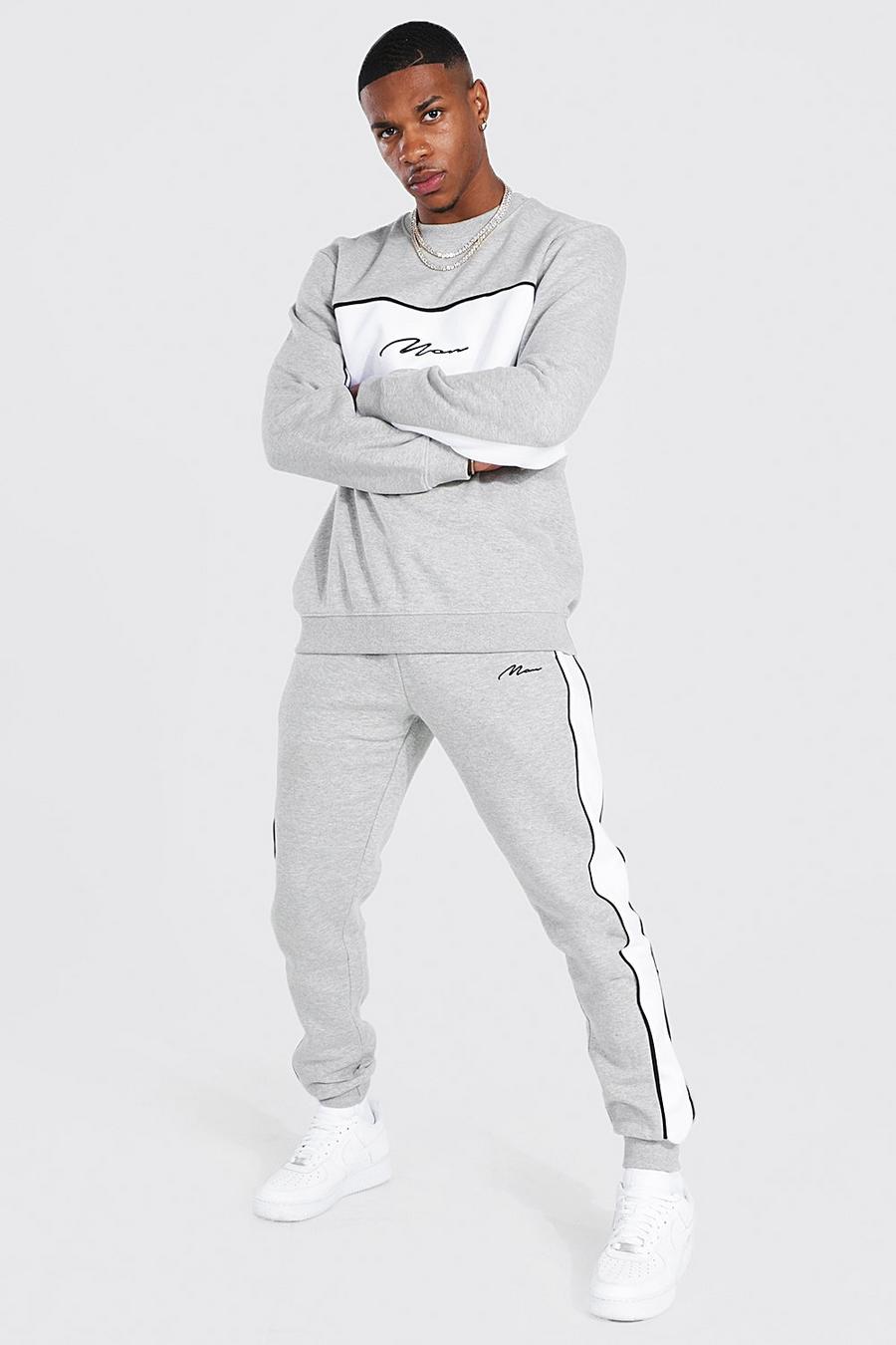 Man Signature Colorblock Sweatshirt-Trainingsanzug, Grey marl grau image number 1