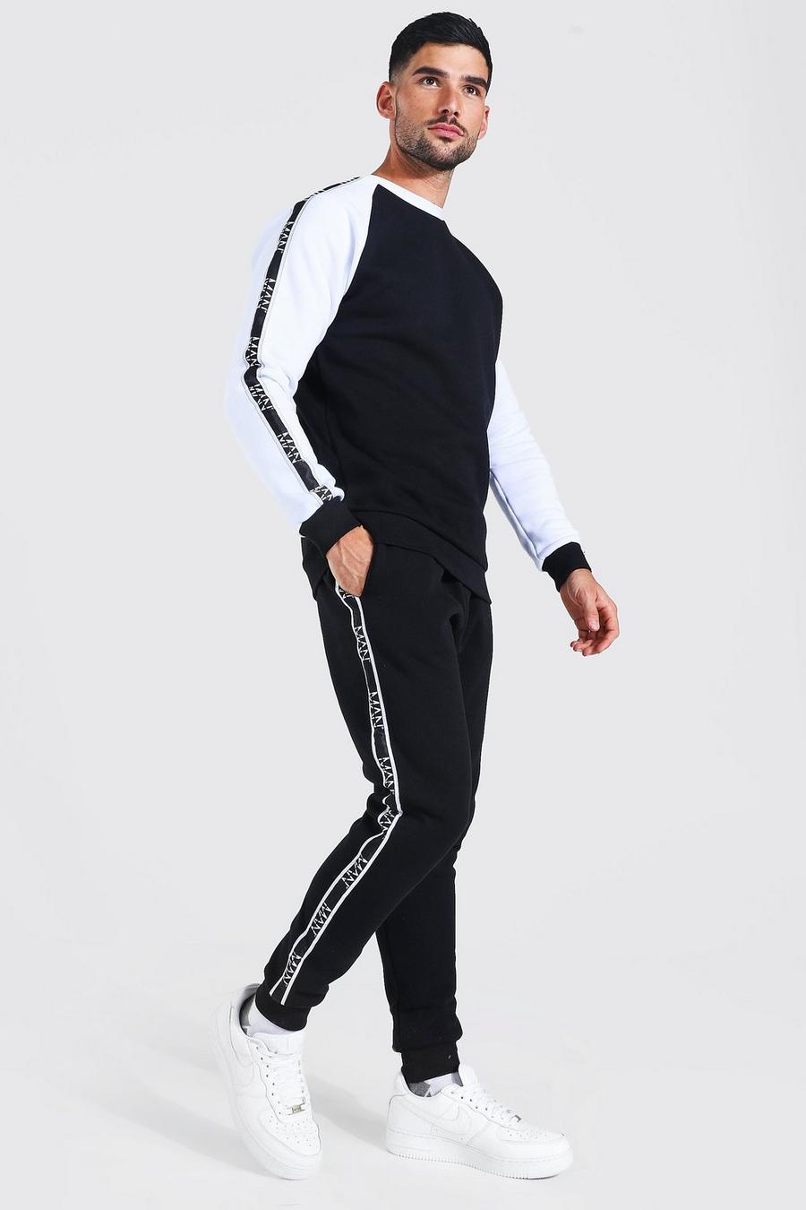 Black Colour Block Sweater Tracksuit With Man Tape image number 1