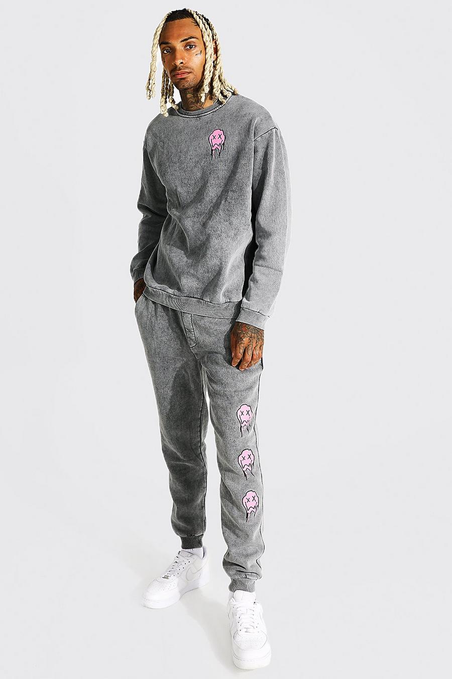 Charcoal Loose Acid Wash Drip Face Sweater Tracksuit image number 1