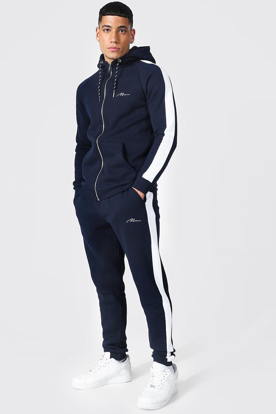 Navy marine Man Muscle Fit Tracksuit With Side Panels image number 1