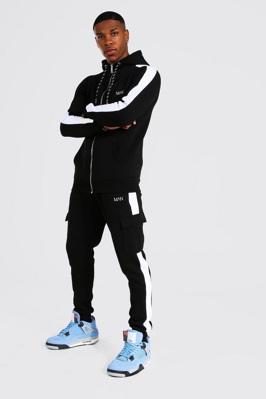 Black Man Muscle Fit Tracksuit With Cargo Pocket image number 1