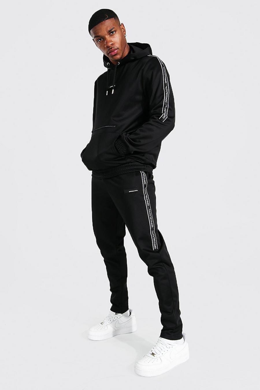 Tuta sportiva con cappuccio rigido, striscia laterale con logo Man e zip, Black nero image number 1