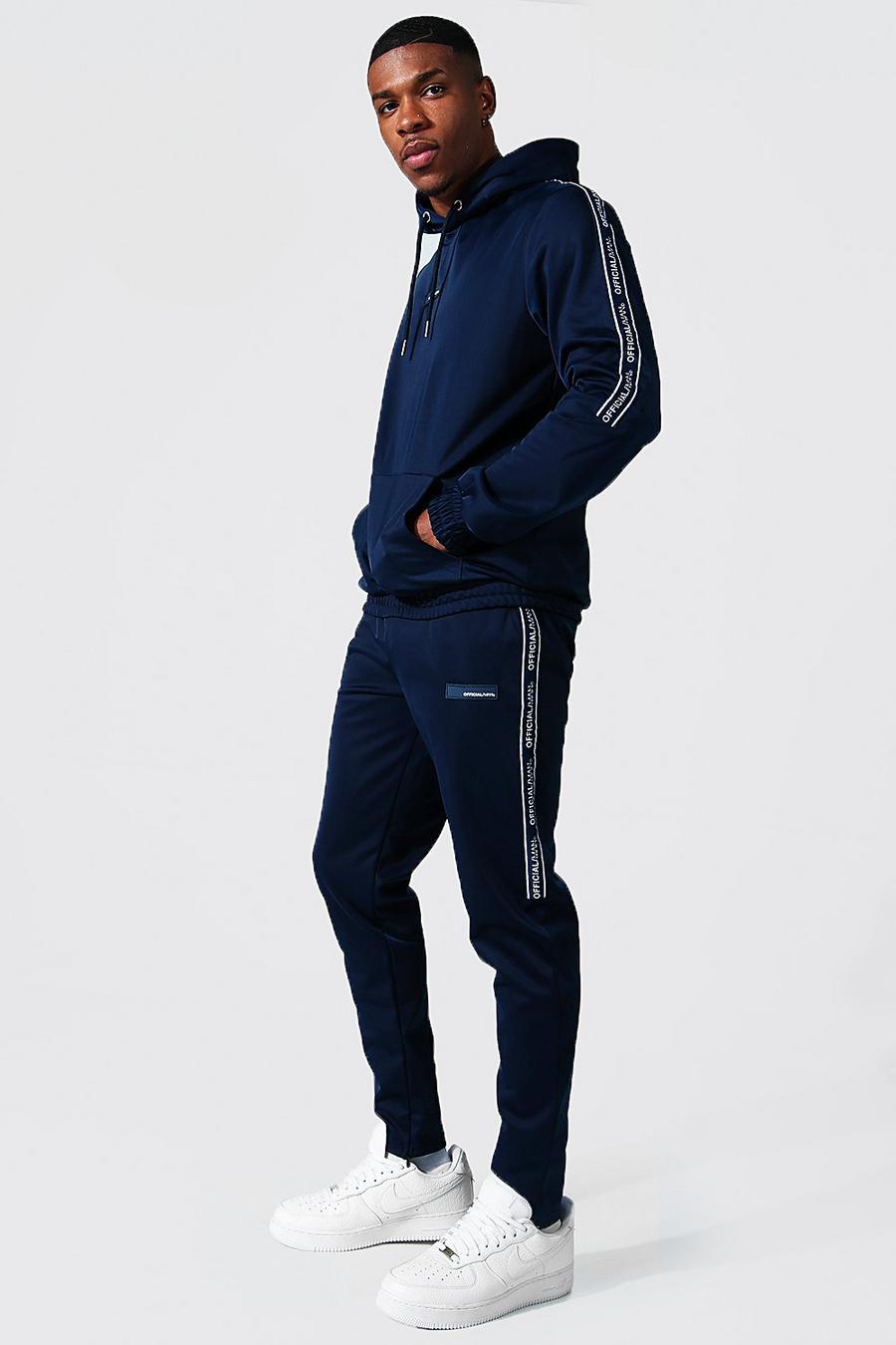 Tuta sportiva con cappuccio rigido e striscia laterale con logo Man, Navy blu oltremare image number 1