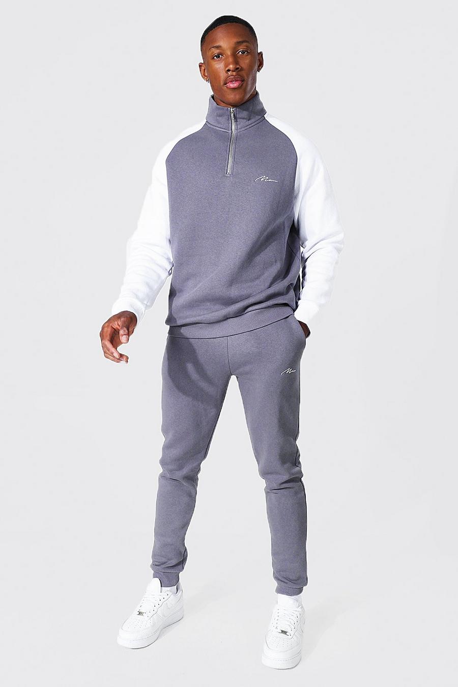 Man Trainingsanzug mit Trichterkragen und Kontrast-Ärmeln, Charcoal gris image number 1