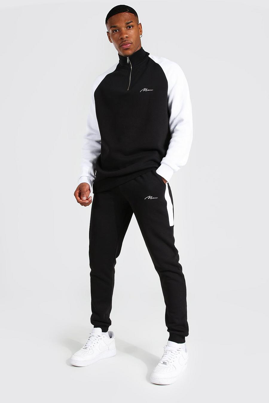 Man Trainingsanzug mit Trcihterkragen und Kontrast-Streifen, Black noir image number 1