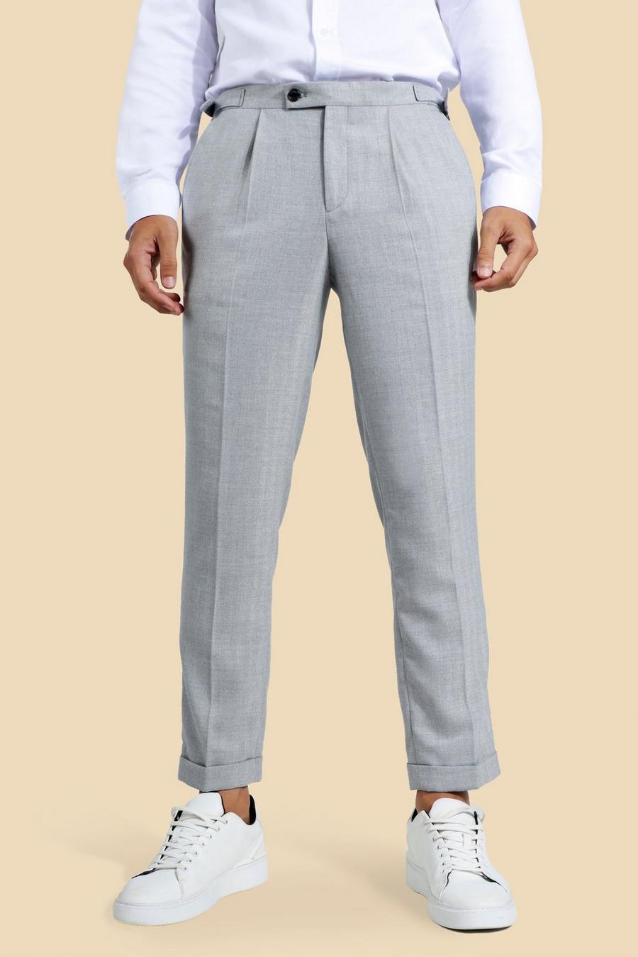 Grey grå Herringbone Turn Up Slim Tailored Trouser image number 1