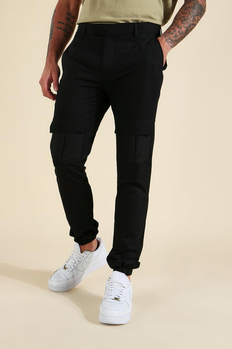 שחור מכנסי ריצה סקיני מחויטים בסגנון דגמ"ח image number 1