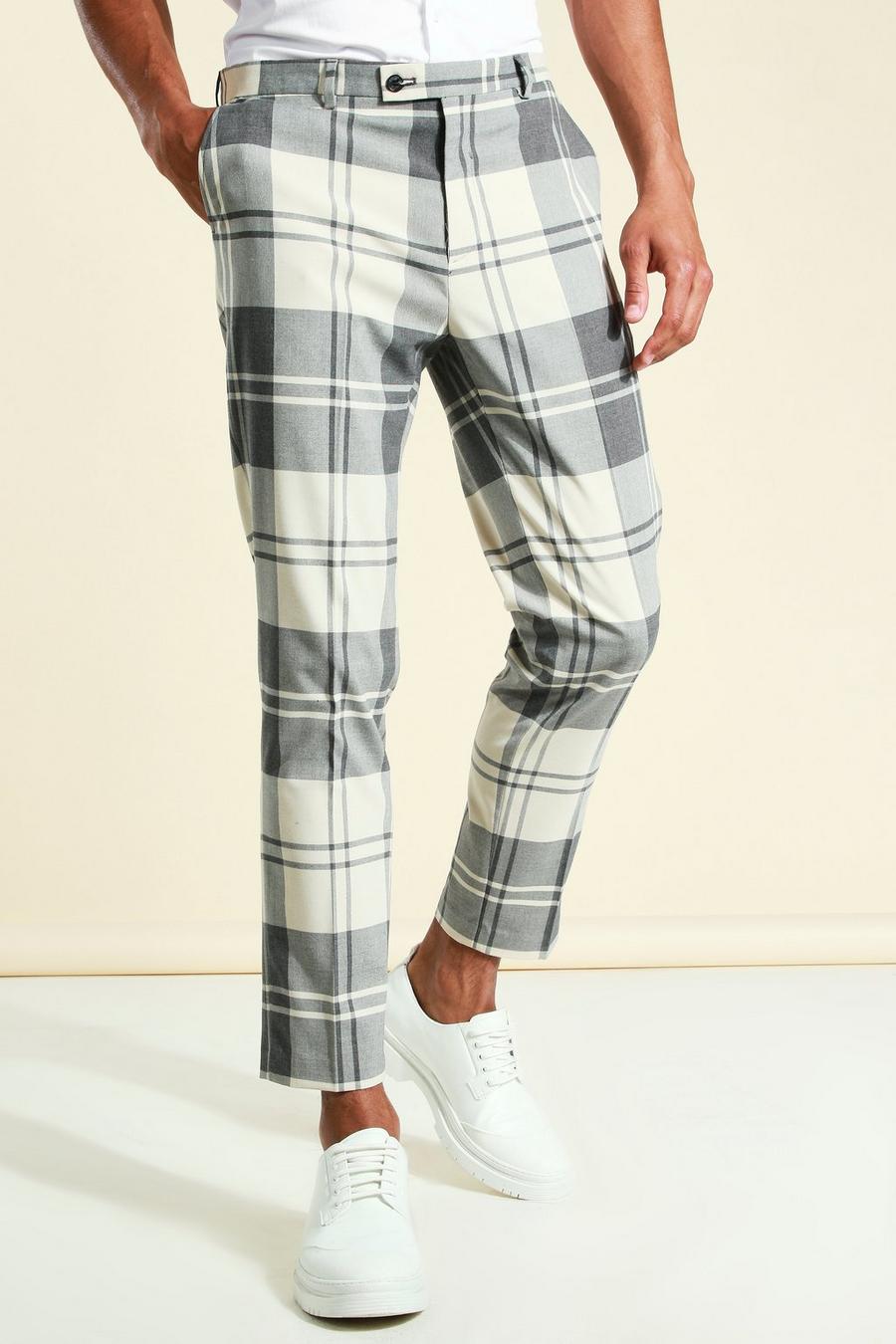 אפור מכנסי קרופ סקיני מחויטים עם הדפס משבצות גדולות image number 1