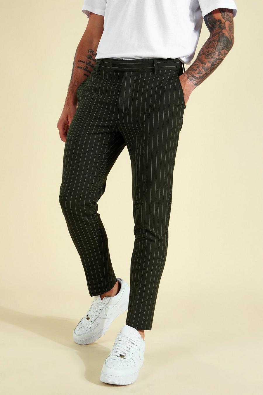 Khaki Kritstrecksrandiga ankellånga kostymbyxor i super skinny fit image number 1