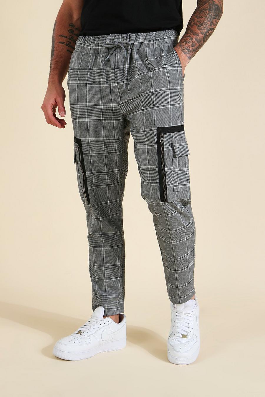 אפור מכנסי קרופ סקיני מחויטים עם הדפס משבצות וכיסי דגמ"ח בצבעים מנוגדים image number 1