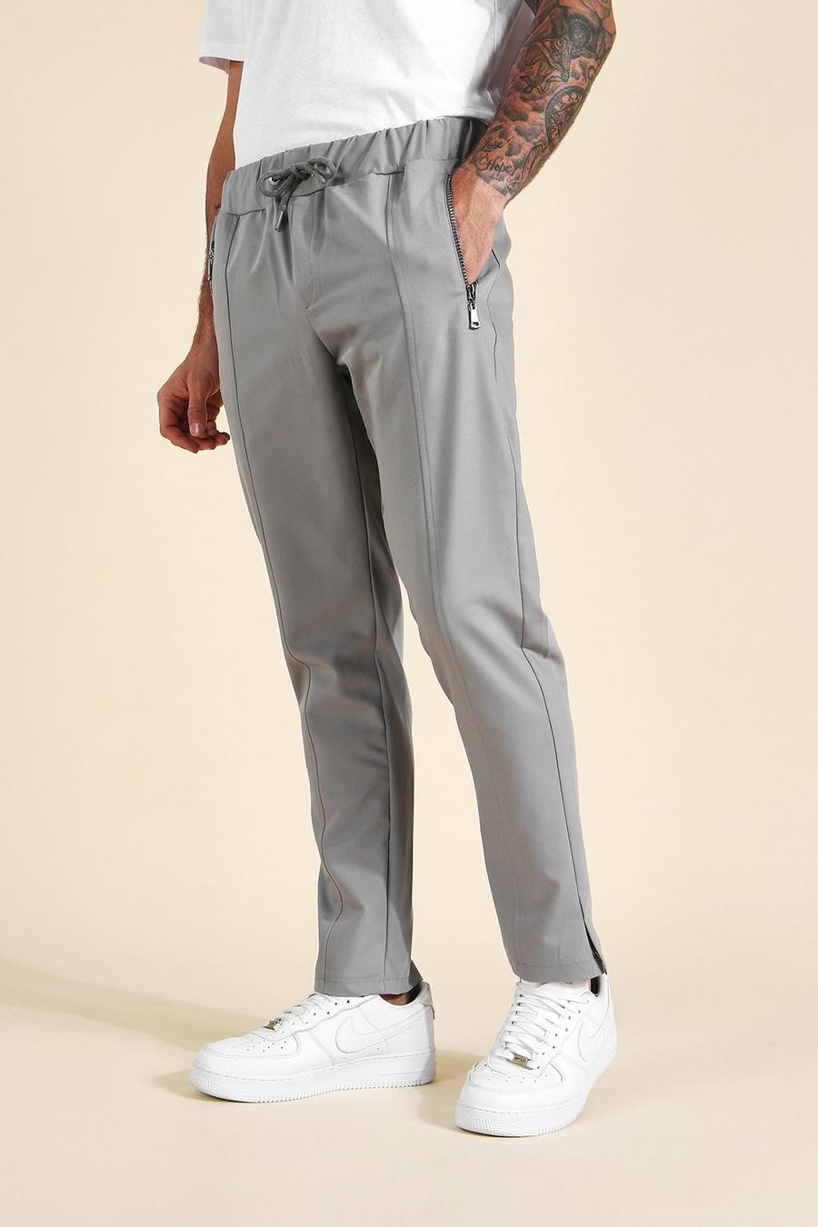 Pantalón entallado holgado con plisado frontal, Grey gris image number 1